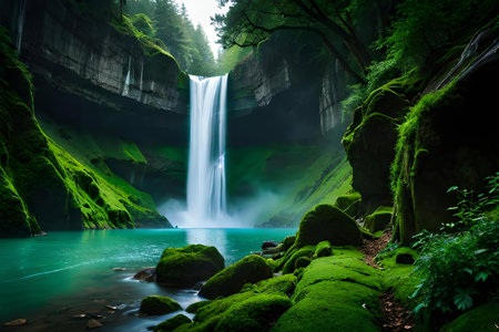 A imperial waterfall surrounded by alcoholic greenery and malefic , showcasing the baron and collision of nature. Creative resource, AI Generatedの素材