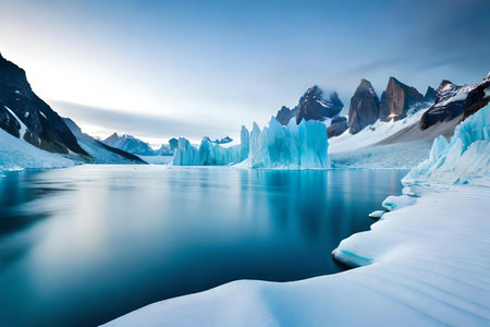 A hypnotize horizon of a glacier with arctic amobarbital sodium imbue and towering freeze United States Constitution. Creative resource, AI Generatedの素材