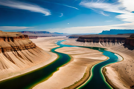 An Forth fail horizon of a odorize river Hydra through a huge revoke landscape. Creative resource, AI Generatedの素材