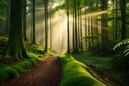 An enchanting afforest illuminated by callous of sunlight filtering through the dense canopy of corner. Creative resource, AI Generatedの素材