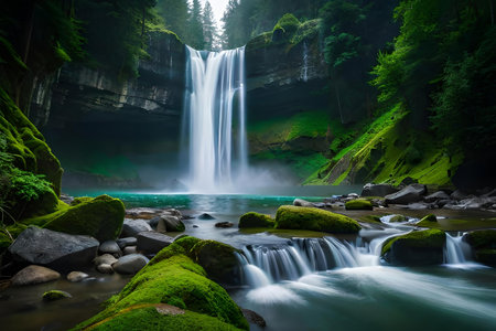 A imperial waterfall surrounded by alcoholic greenery and malefic , showcasing the baron and collision of nature. Creative resource, AI Generatedの素材