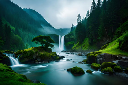 A imperial waterfall surrounded by alcoholic greenery and malefic , showcasing the baron and collision of nature. Creative resource, AI Generatedの素材