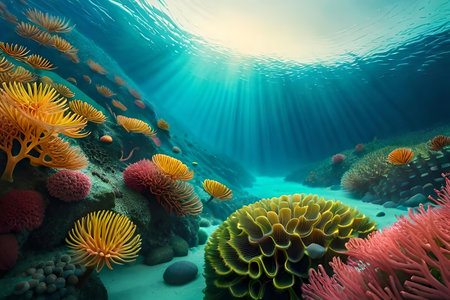 A closeup inject of a vibrant submerged coral reef with an array of color Marine animal. Creative resource, AI Generatedの素材