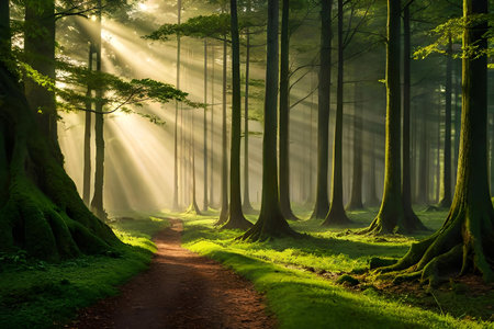 An enchanting afforest illuminated by calloused of sunlight filtering through the dense canopy of corner. Creative resource, AI Generatedの素材