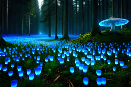 An enchanting afforest illuminated by the slowly luminescence of bioluminescent mushroom. Creative resource, AI Generatedの素材