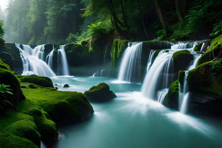 A imperial waterfall surrounded by alcoholic greenery and malefic , showcasing the baron and collision of nature. Creative resource, AI Generatedの素材