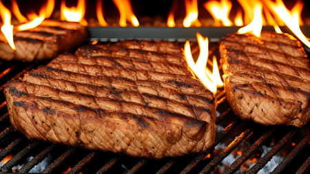 Meat steak on the flame broil with smoke and flares. Creative resource, AI Generatedの素材