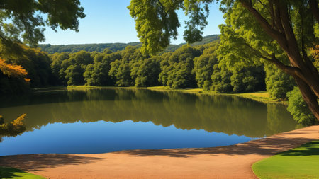 serene lakeside scene with a calm body of water reflecting the enveloping nature. Creative resource, AI Generatedの素材
