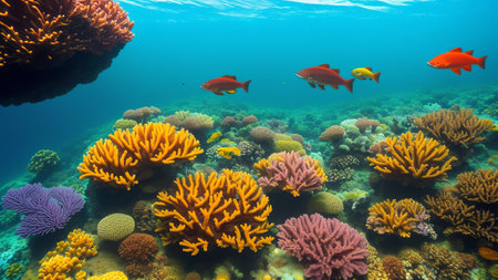 mesmerizing picture of a energetic coral reef flooding with colorful point, turtles, and other marine life. Creative resource, AI Generatedの素材