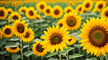 Closeup shot of a sunflower with a field of numerous on the surface. Creative resource, AI Generatedの素材