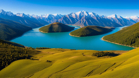 breathtaking see of snow-capped mountains underneath a clear blue sky with a meandering conduit underneath. Creative resource, AI Generatedの素材