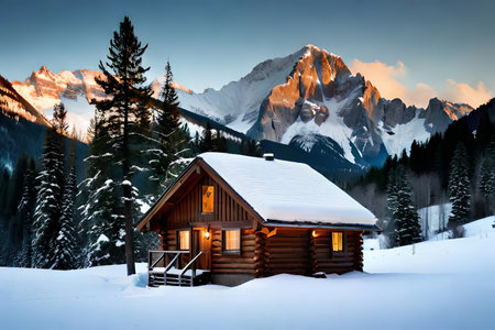 A cozy mountain cabin settled within the middle of covered peaks and evergreen trees. Creative resource, AI Generatedの素材