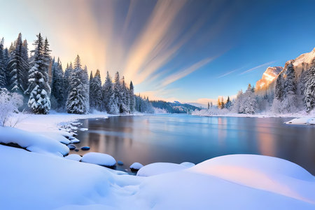 A winter wonderland scene with snow secured trees and a solidified stream. Creative resource, AI Generatedの素材
