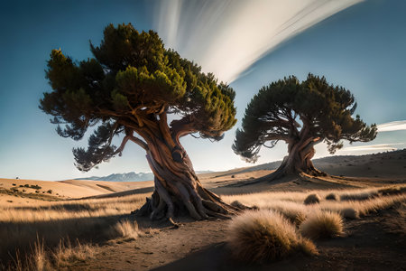 The old and turned bristlecone pine trees standing gladly in a tall mountain timberland. Creative resource, AI Generatedの素材