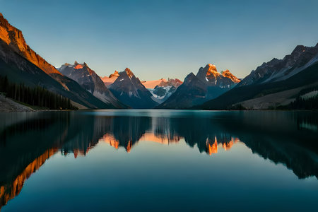 A calm lake reflecting the radiant mountain crests that solidify it. Creative resource, AI Generatedの素材