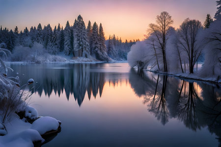 Capture the calm tremendousness of a cemented lake reflecting the twinkling lights of meddled trees. Creative resource, AI Generatedの素材
