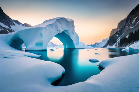 A colossal drifting ice sheet shaping a characteristic twist over the bone chilling waters. Creative resource, AI Generatedの素材