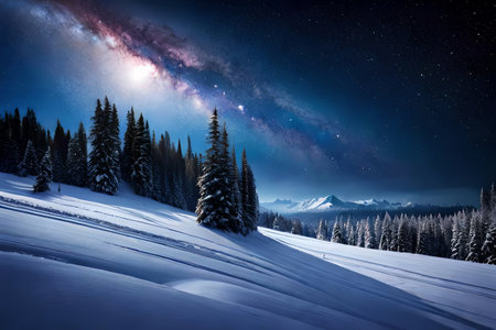 Show off a serene scaled down as Santa's sleigh coasts through a starry, snow kissed sky. Creative resource, AI Generatedの素材