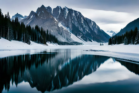 A calm lake reflecting the brilliant mountain crests that cement it. Creative resource, AI Generatedの素材