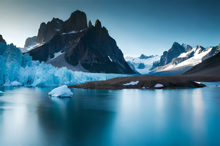 A idealize snow capped lake settled inner parts the center of towering ice sheets and snow capped peaks. Creative resource, AI Generatedの素材