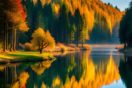 A calm lake included by trees, reflecting the colors of the setting sun. Creative resource, AI Generatedの素材