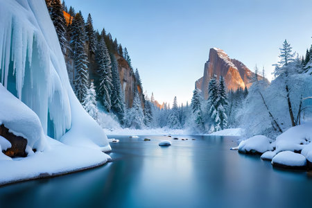 A cemented waterfall taking after a important stone shape in a winter wonderland. Creative resource, AI Generatedの素材