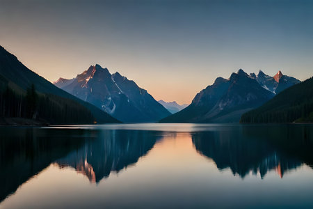 A calm lake reflecting the brilliant mountain crests that cement it. Creative resource, AI Generatedの素材