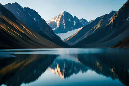 A peaceful lake reflecting the grand mountain crests that encompass it. Creative resource, AI Generatedの素材