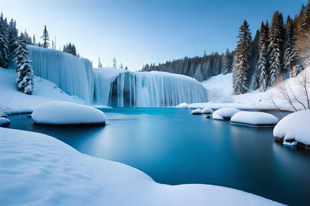 A cemented waterfall taking after a fundamental stone shape in a winter wonderland. Creative resource, AI Generatedの素材
