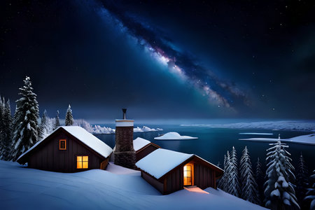 Portray a charming housetop scene where chimneys and housetops are cleaned with snow beneath a starry sky. Creative resource, AI Generatedの素材