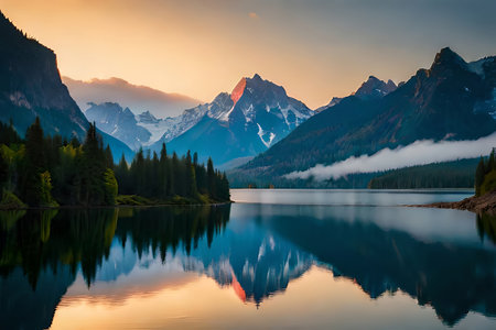 A calm lake reflecting the brilliant mountain peaks that cement it. Creative resource, AI Generatedの素材