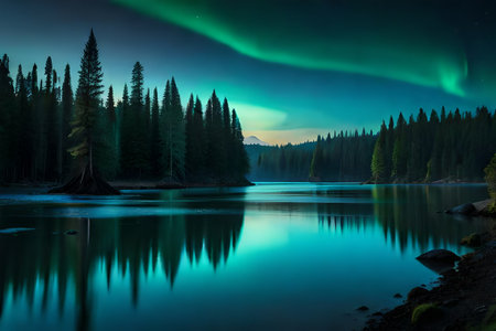 An otherworldly forest glinting with bioluminescent vegetation, giving it a secretive sparkle. Creative resource, AI Generatedの素材