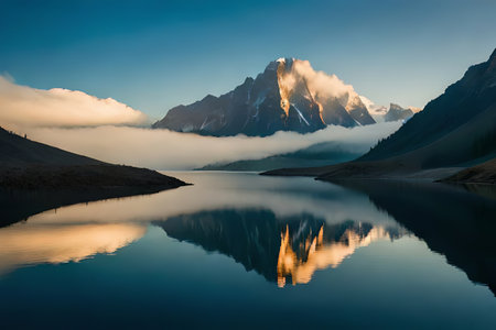A quiet mountain lake enveloped by mist secured peaks, making a marvelous environment. Creative resource, AI Generatedの素材