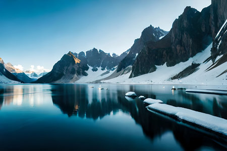 A immaculate snow capped lake settled internal parts the center of towering ice sheets and snow capped peaks. Creative resource, AI Generatedの素材
