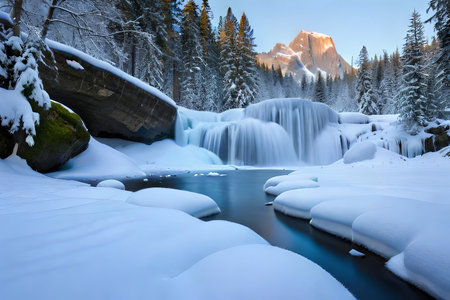 A cemented waterfall taking after a gem shape in a winter wonderland. Creative resource, AI Generatedの素材