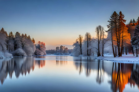 Capture the calm greatness of a cemented lake reflecting the twinkling lights of adjoining trees. Creative resource, AI Generatedの素材