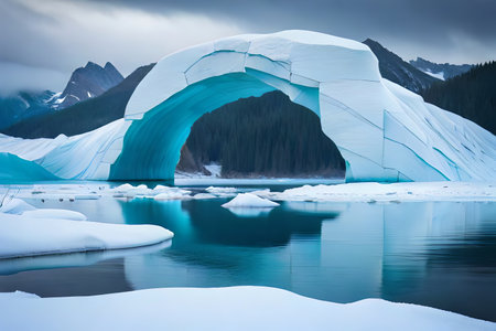 A colossal floating ice sheet forming a characteristic bend over the bone chilling waters. Creative resource, AI Generatedの素材