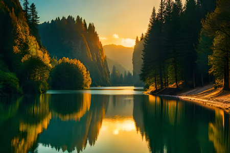 Exhibit a peaceful lake or lake reflecting the magnificence of the passing year and the freshness of the modern one. Creative resource, AI Generatedの素材
