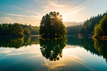 Appear a calm lake or lake reflecting the heavenliness of the passing year and the freshness of the show day one. Creative resource, AI Generatedの素材