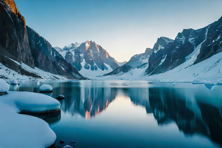 A cemented ice sheet lake enveloped by chilly cliffs and snow capped peaks. Creative resource, AI Generatedの素材