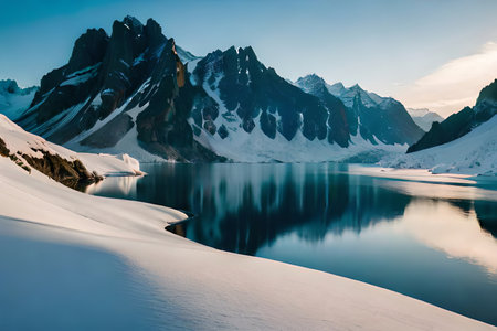 A idealize snow capped lake settled inside parts the center of towering ice sheets and snow capped peaks. Creative resource, AI Generatedの素材