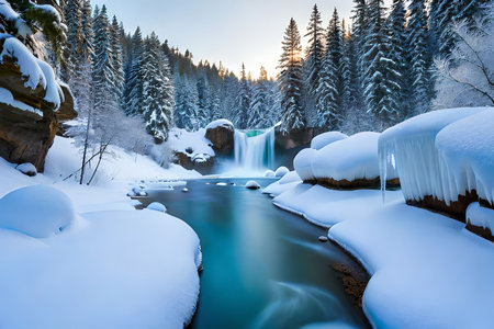 A cemented waterfall taking after a basic stone shape in a winter wonderland. Creative resource, AI Generatedの素材