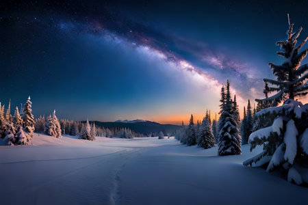 Grandstand a peaceful minute as Santa's sleigh floats through a starry, snow kissed sky. Creative resource, AI Generatedの素材