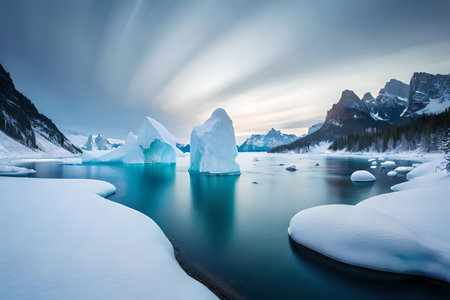 A gigantic floating ice sheet forming a characteristic bend over the bone chilling waters. Creative resource, AI Generatedの素材