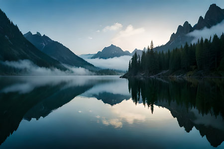 A haze secured mountain lake with evergreen trees reflected on its sparkly surface. Creative resource, AI Generatedの素材