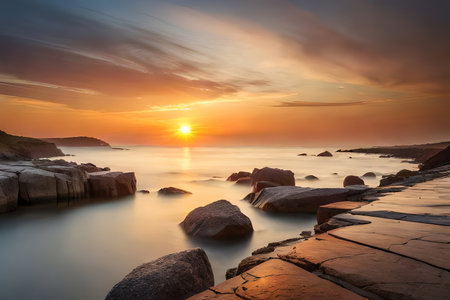 A tough rough coast washed in warm colors amid a dazzling dusk. Creative resource, AI Generatedの素材