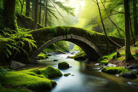 An antiquated stone bridge secured in greenery, calculating over a quiet stream in a woodland setting. Creative resource, AI Generatedの素材