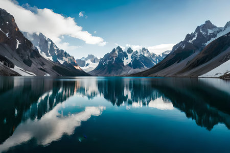 A idealize snow capped lake settled interior parts the center of towering ice sheets and snow capped peaks. Creative resource, AI Generatedの素材