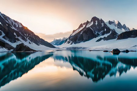 A cemented ice sheet lake wrapped by chilly cliffs and snow capped crests. Creative resource, AI Generatedの素材
