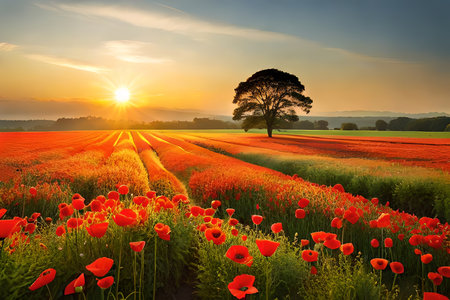 A dynamic poppy field lolling within the brilliant beams of the setting sun. Creative resource, AI Generatedの素材